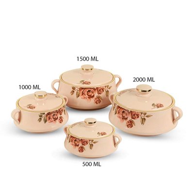 Nayasa Stainless Steel Plastic Floral Mirror Casserole Lorenzo (500, 1000, 1500 and 2000ml)(Beige)_Set of 4