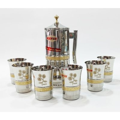 7 Pc Jug Glass Set Include 2 Litre Water Jug and 6 Pieces of Glasses Mirror Polished and Laser With Gold Design
