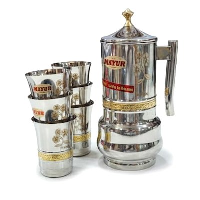 7 Pc Jug Glass Set Include 2 Litre Water Jug and 6 Pieces of Glasses Mirror Polished and Laser With Gold Design - Image 2